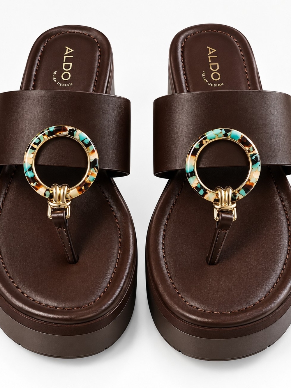 ALDO Brown Platform Thong Sandals with Tortoiseshell Ring